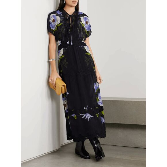 FARM Rio Dresses & Skirts - NWT FARM Rio Soft Garden Laces Floral Short Sleeve Maxi Dress Black XL $368